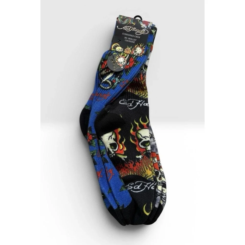 Ed Hardy Men's 3 Pairs Cushioned Crew Socks Size 6-12 Snake Skulls NWT -2050